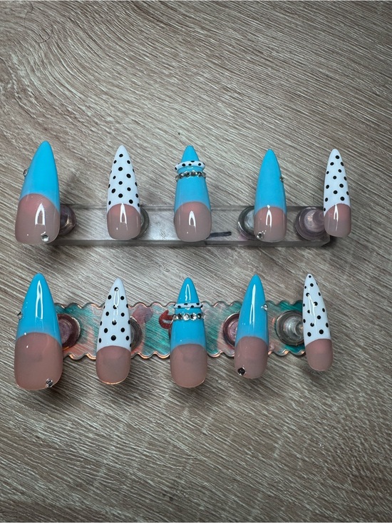 Accessories - Homemade Blue & White Polka Dot Press-On Nail Set